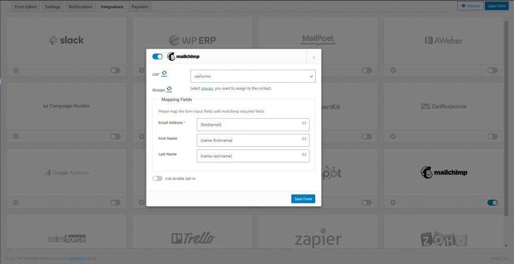 weForms MailChimp contact form integration mapping