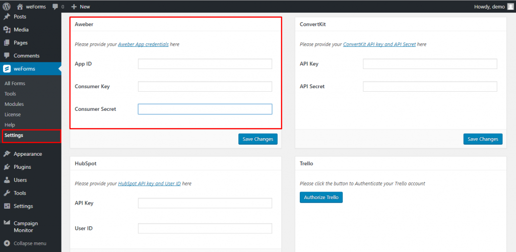 Enter credentials from AWeber for weForms