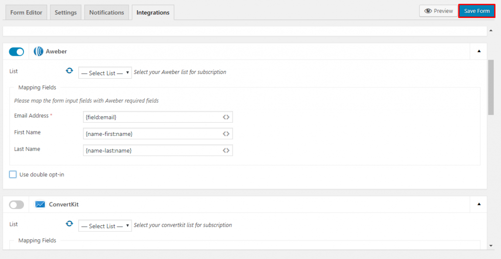 Saving form with AWeber for weForms