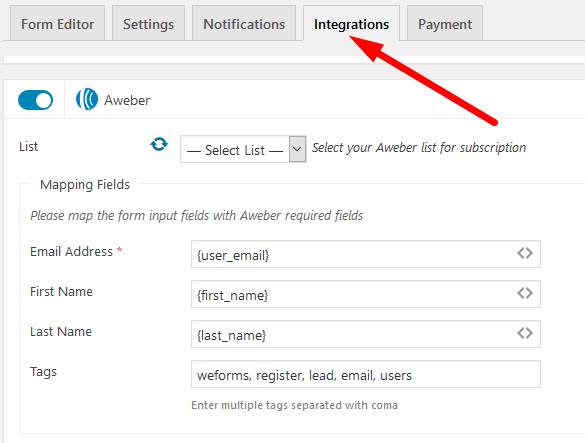 Form integration for AWeber with weForms