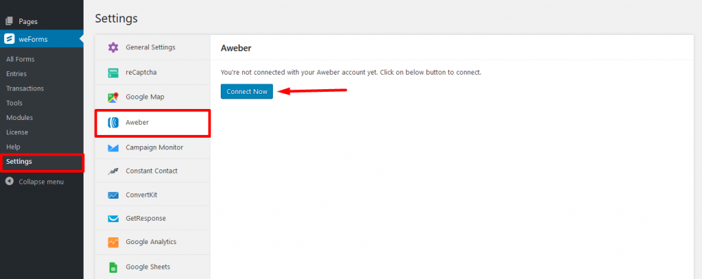 Setting up AWeber weForms