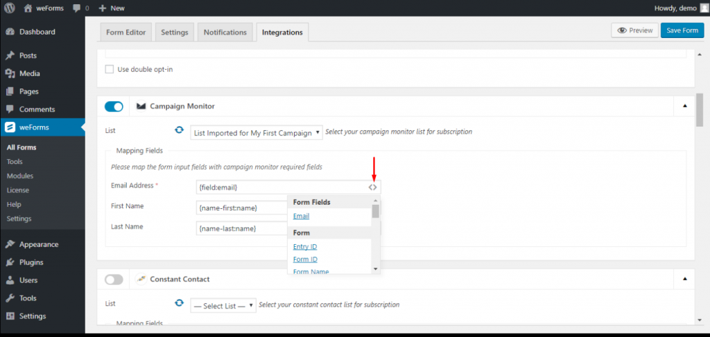 Mapping weForms to Campaign Monitor