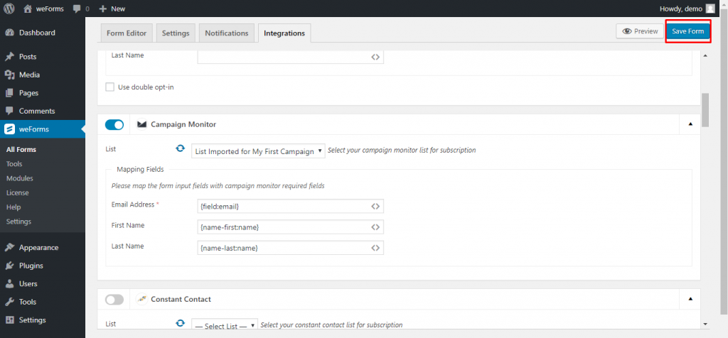 Save form integration for Campaign Monitor with weForms