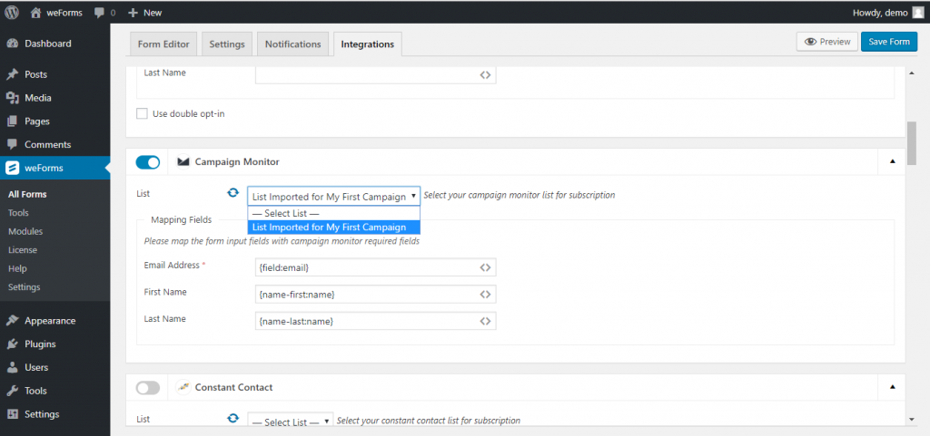 Dropdown lists for Campaign Monitor weForms integration