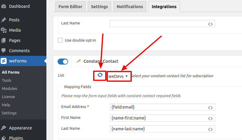 Select Constant Contact list for weForms