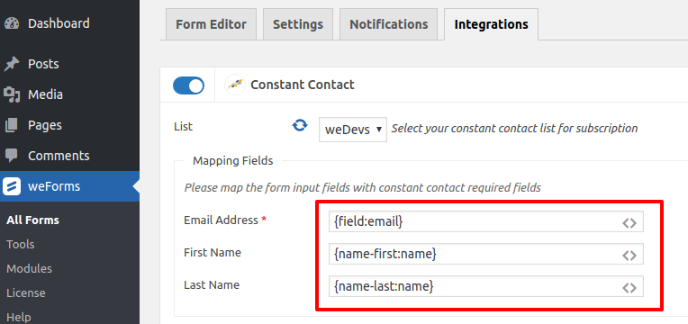Mapping Constant Contact for weForms