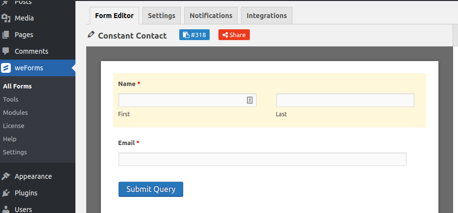 Create a new form with Constant Contact for weForms