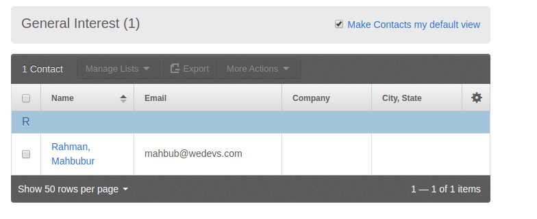 View of weForms entry in Constant Contact