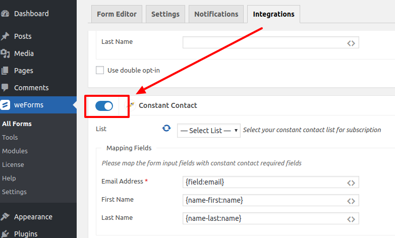 Enable form-level Constant Contact