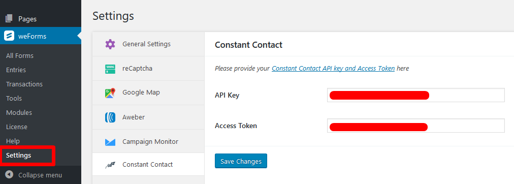 Setup integration for Constant Contact and weForms