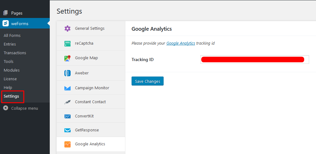 Enter tracking ID for Google Analytics for weForms