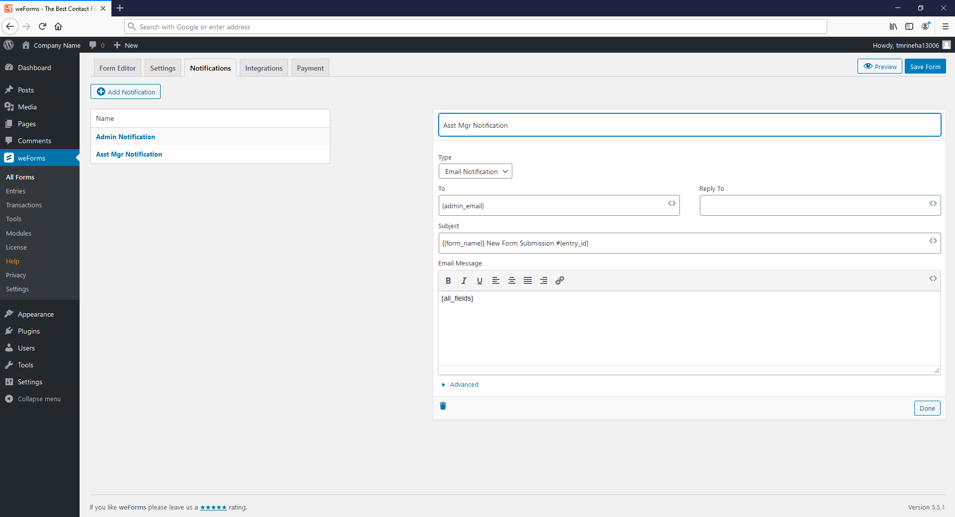 Email notification settings for weForms