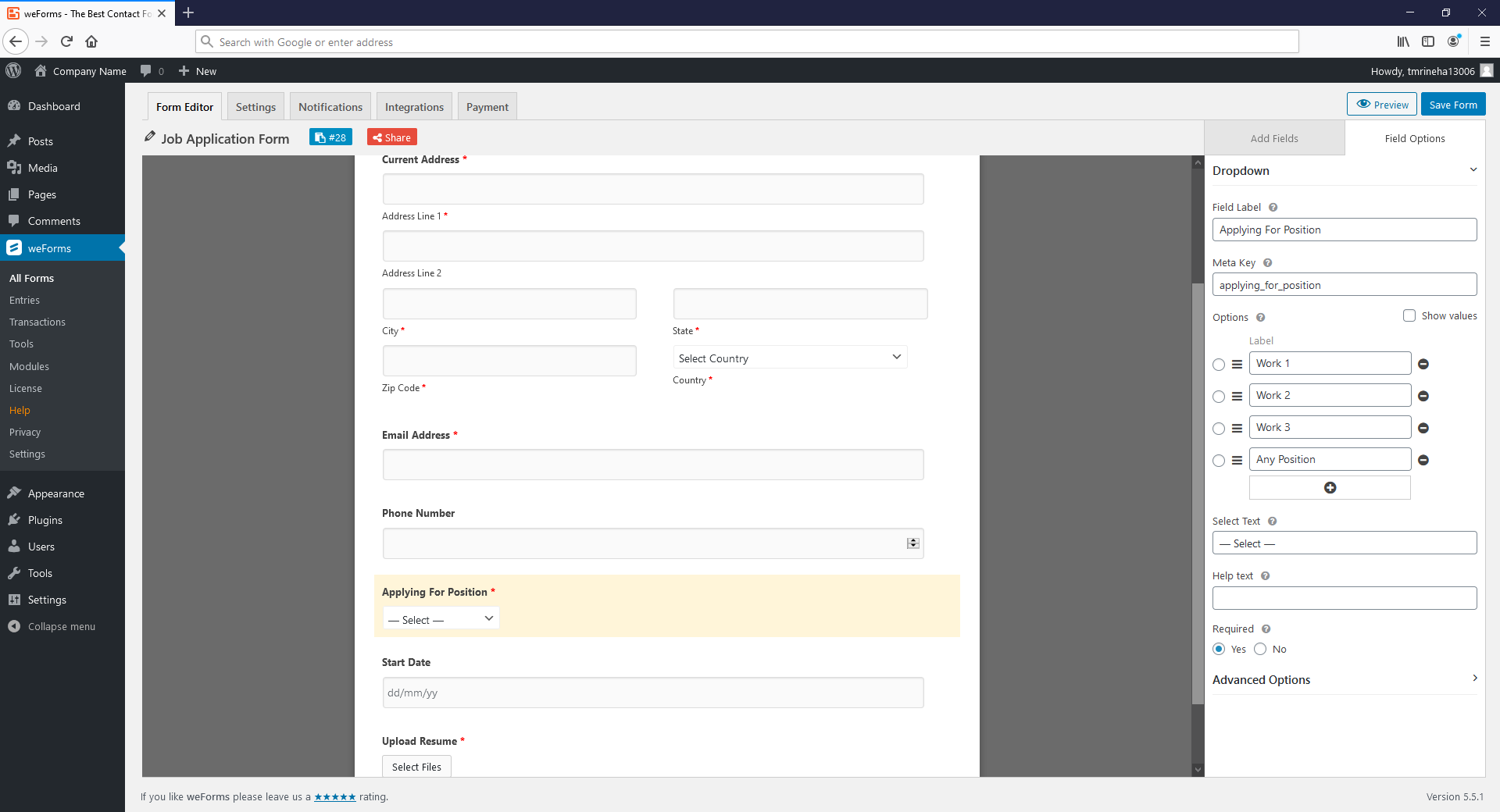 Customize the dropdown via form field options