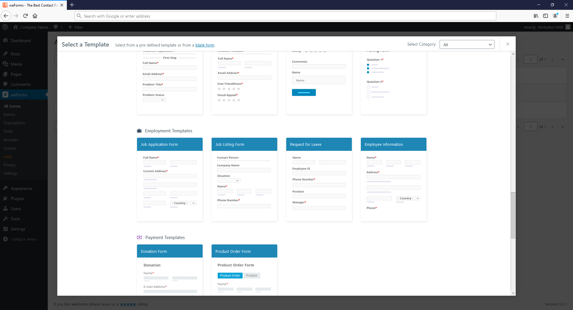 weForms prebuilt form templates