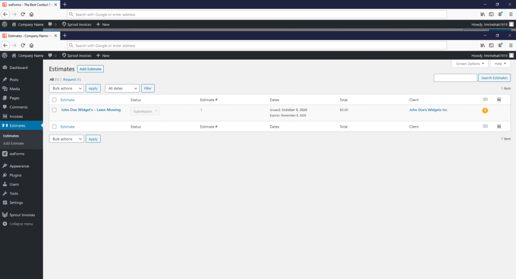 Created estimate in Sprout Invoices from weForms form