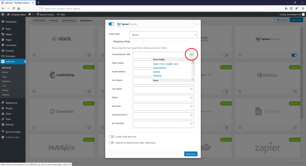 Show options to map weForms form data to Sprout Invoices