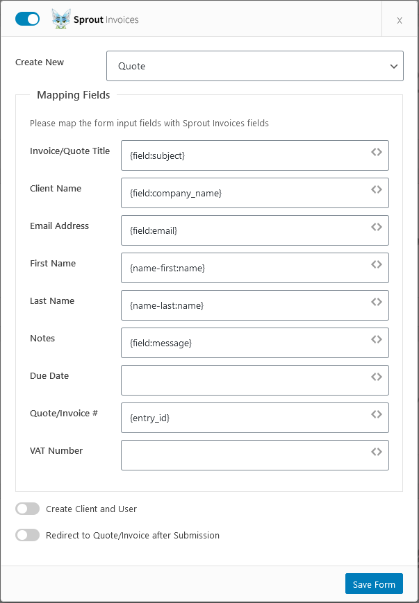 Completed weForms form mapping to Sprout Invoices