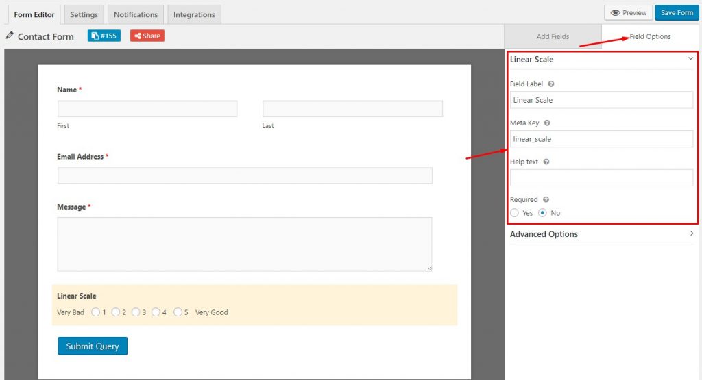 Field options for the linear scale field on weForms