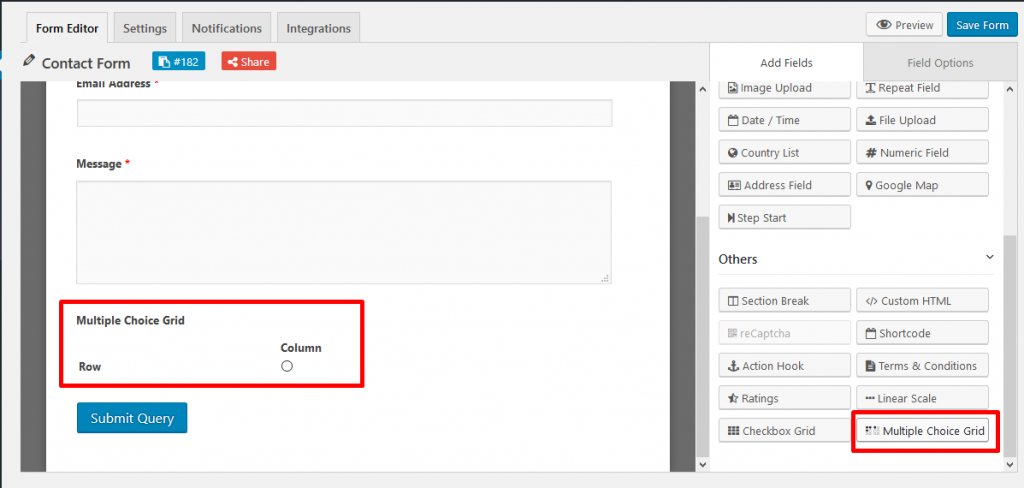 Multiple choice grid on weForms