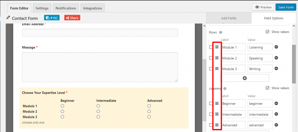 Move around row and column order on Multiple Choice grids