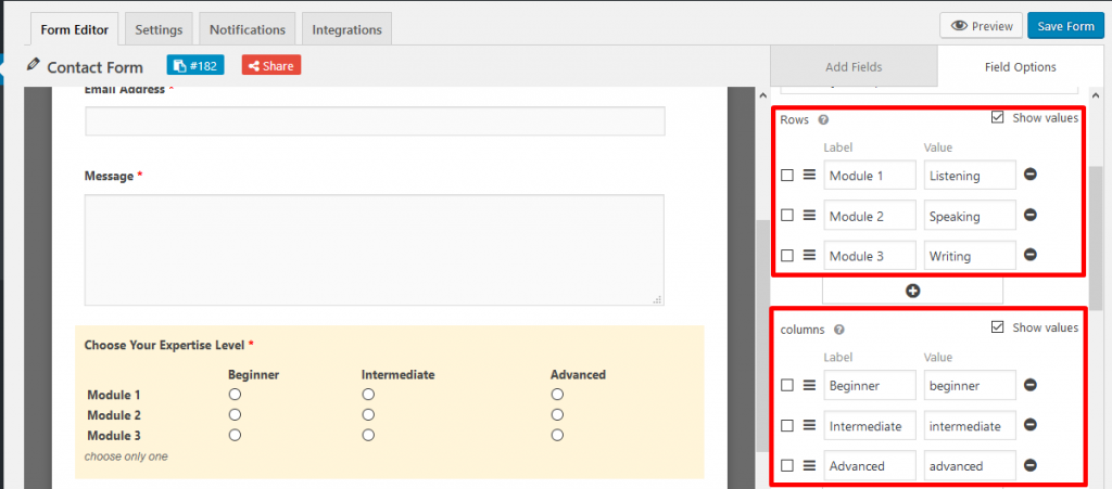 Show values for Multiple Choice grid on weForms