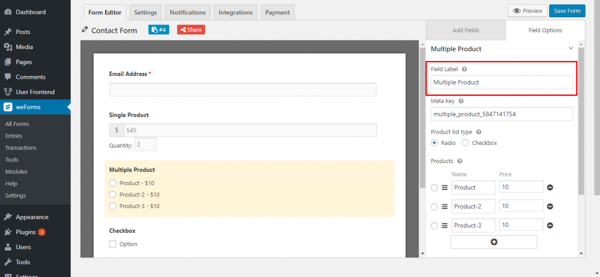 Multiple Product | weForms Pro