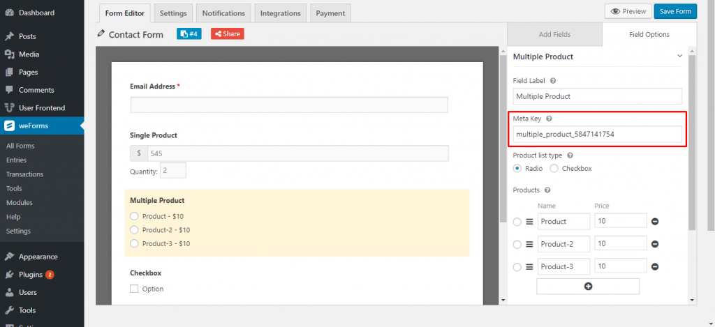change the meta key for the multiple product listing on weForms