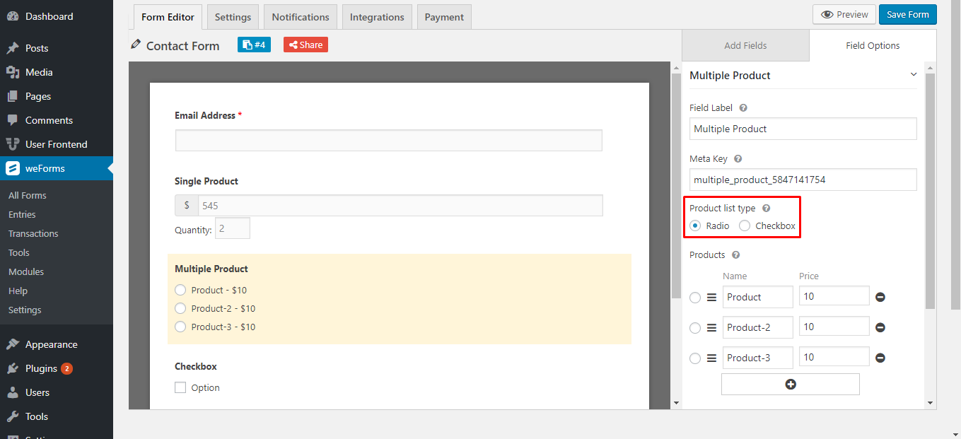 Multiple Product | weForms Pro