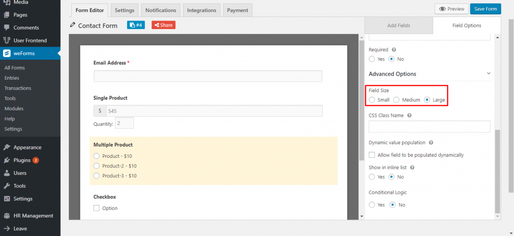 Set the field size for weForms multiple product field