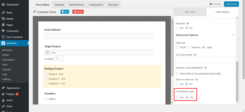 Enable conditional logic for multiple product field on weForms