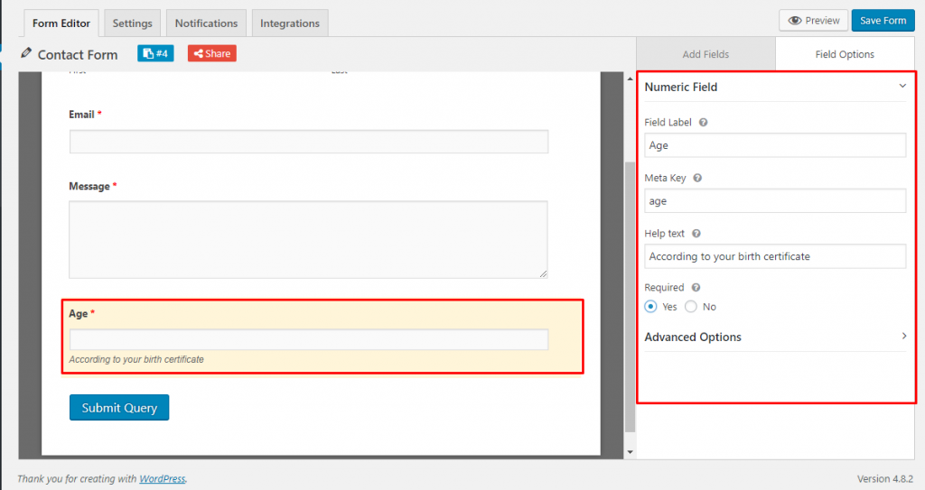 Example of numeric field in weForms form builder