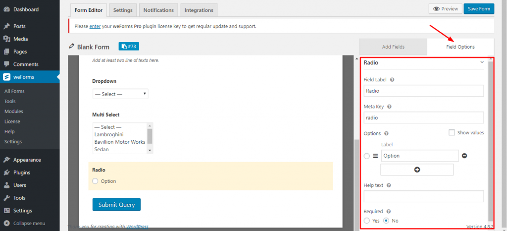 field options for radio buttons on weForms