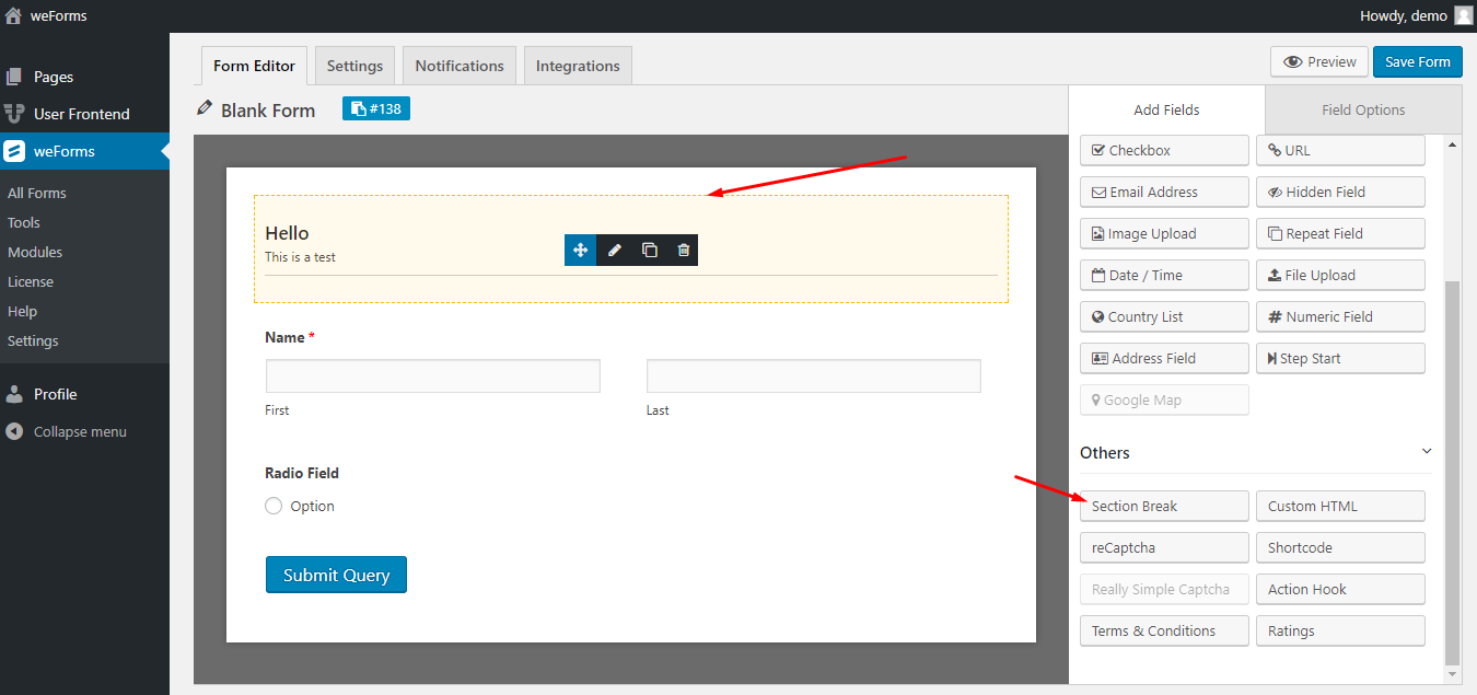 Optional field. Section Break. Blank form. Шорткод ACF option. Check Box form field options.