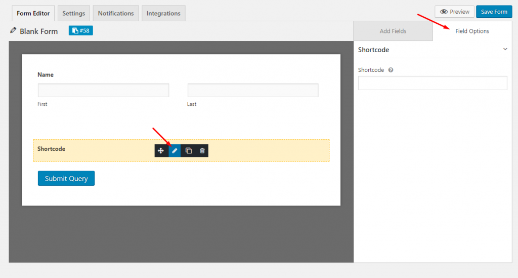 Adding the shortcode field to weForms