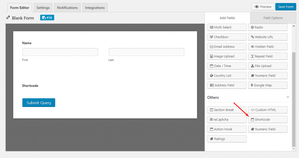 Shortcode field for weForms