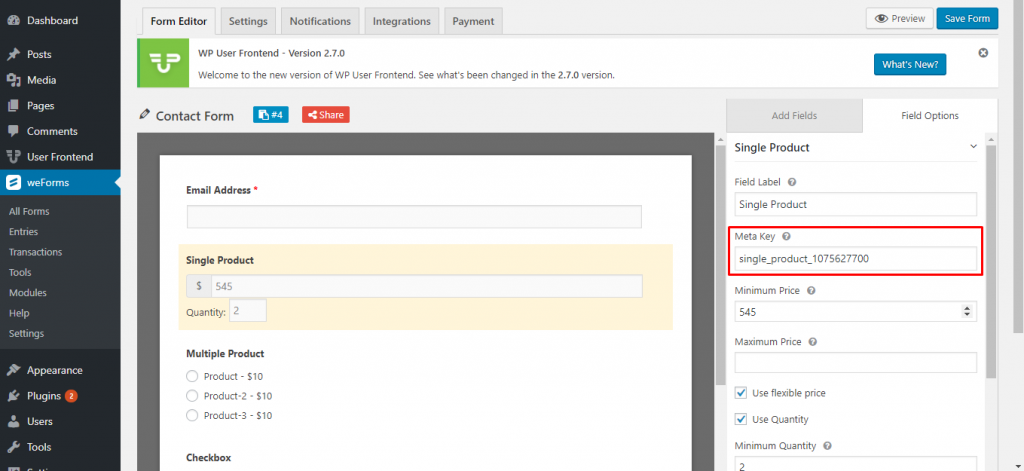 Update the meta key on weForms single product field