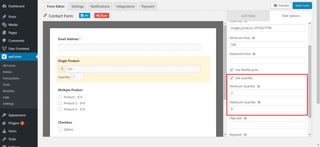 Set maximum and minimum quantities on weForms