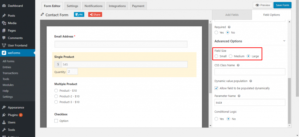 Set the field size for the single product field on weForms