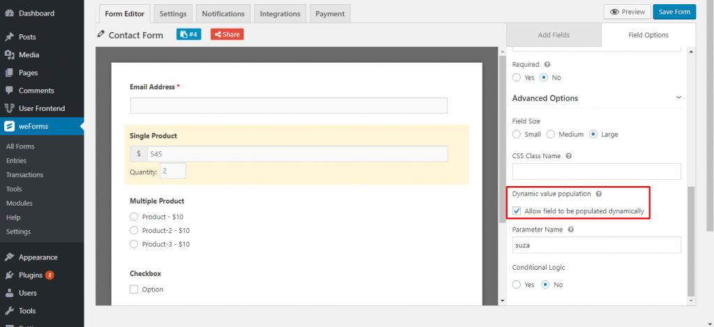 Allow for dynamic population on weForms single product