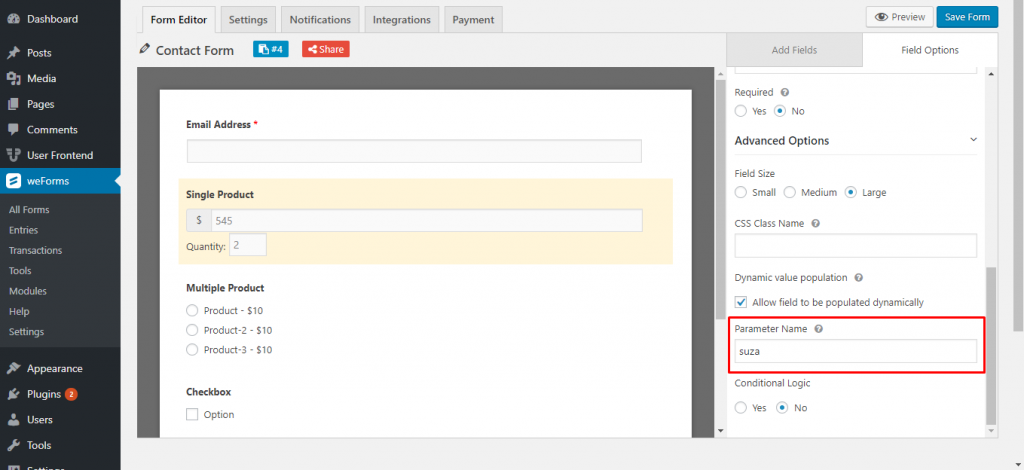 Set a parameter name on weForms single product field