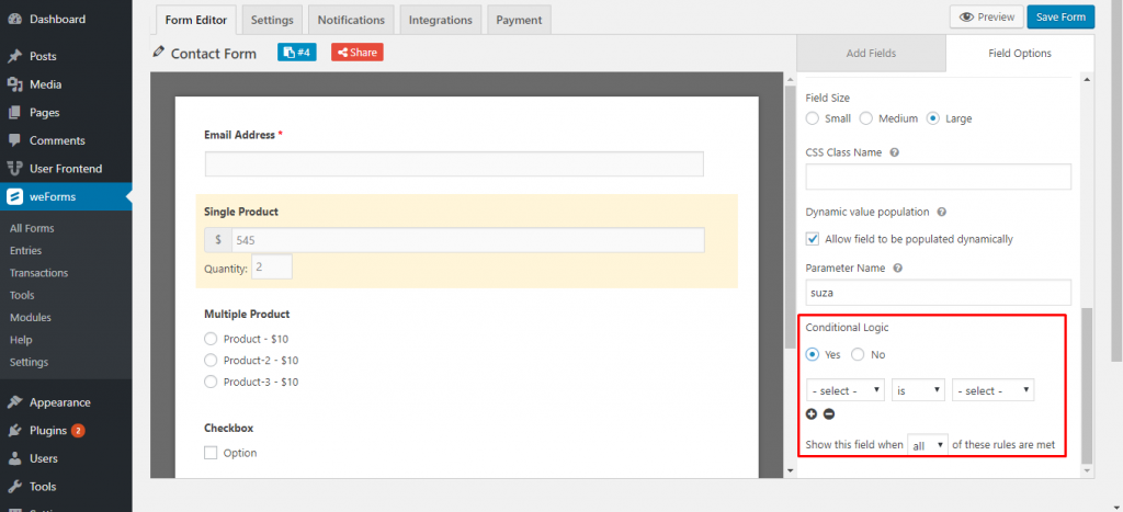 Conditional logic for the single product field on weForms