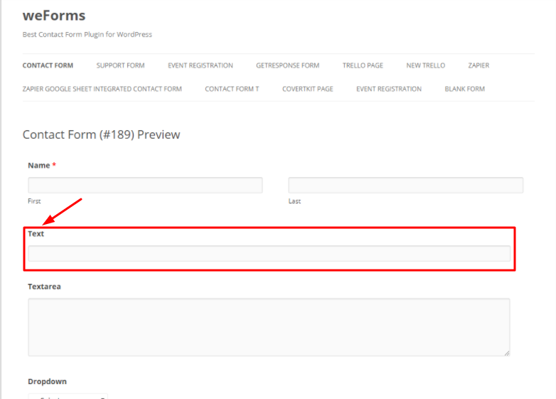 Frontend view of the text field in weForms