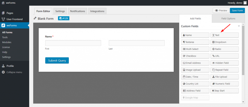 Adding a text field to your weForms form
