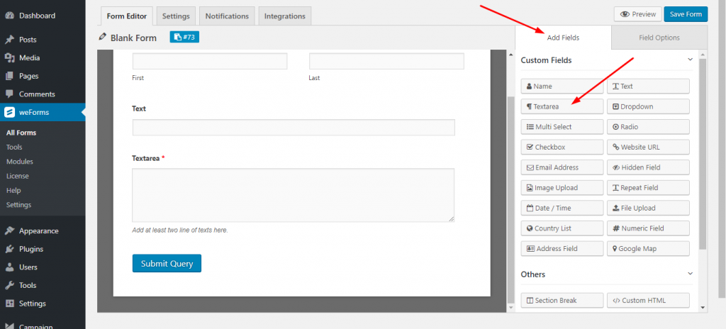 Text area field on weForms