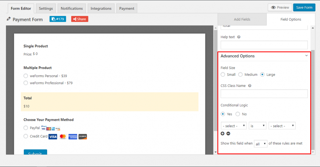 Advanced options for the Total field in weForms