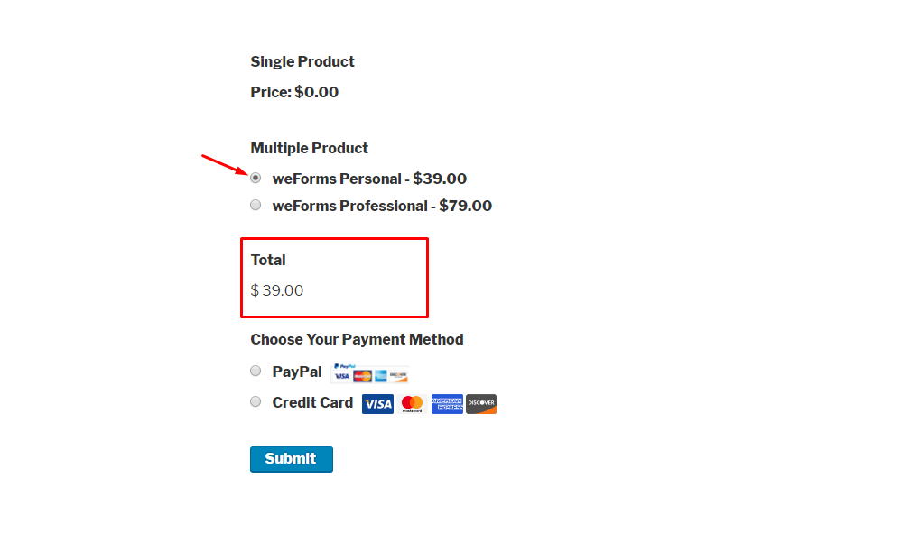 Frontend view of the Total field in weForms