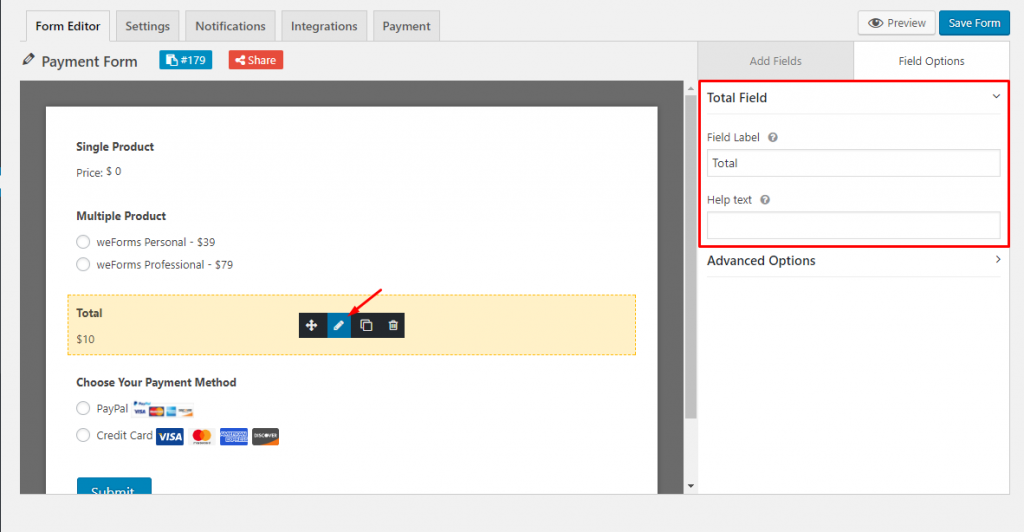 Field options for the Total field on weForms