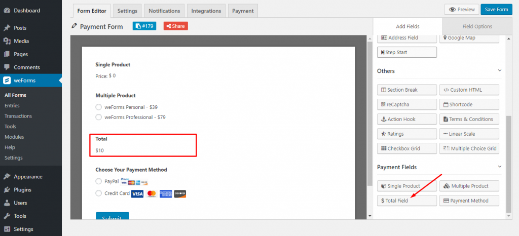 Using the total field in weForms