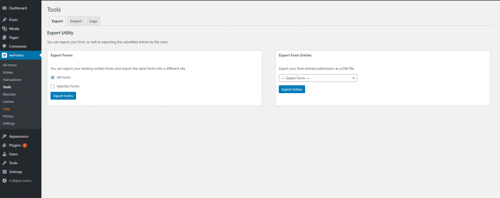 The Tools UI to begin Caldera Forms import