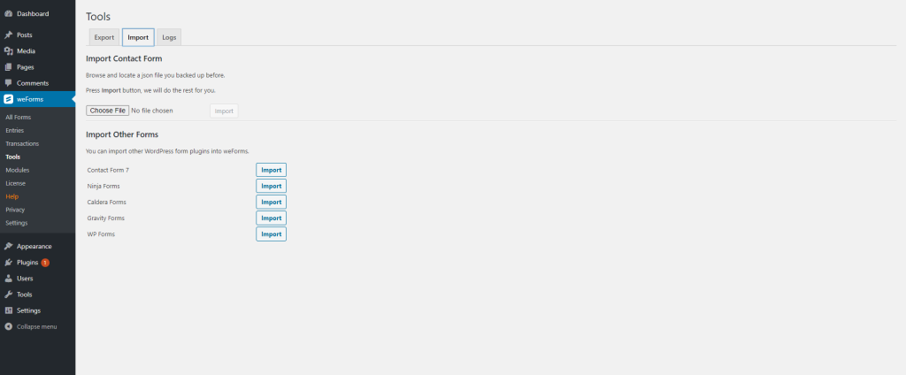 The import screen to import JSON backups of forms on weForms